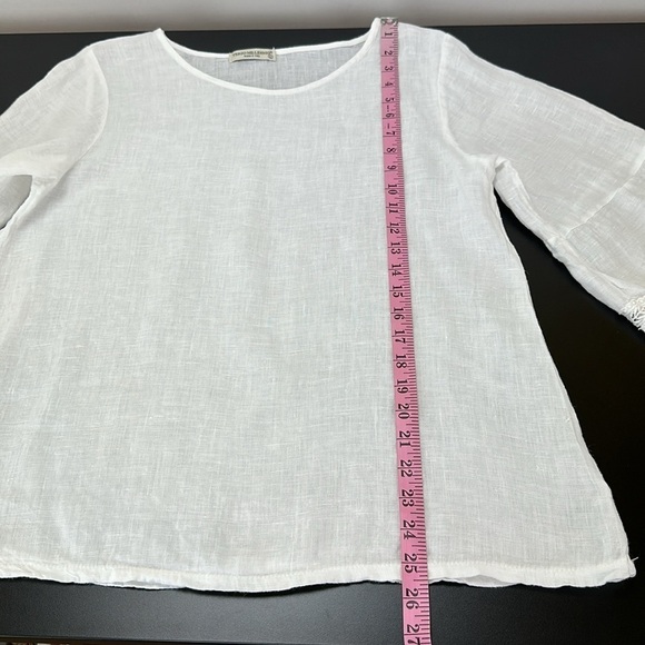 Terzo Millennio White 100% Linen 3/4 Bell Sleeves Crochet Lace Trim Top β¦ - Picture 10 of 11
